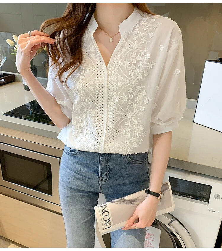 Wholesale Embroidered Cotton Women's Tops New 2026 Summer Half Sleeve V-neck Solid Color Fashion Embroidered Women's Blouses-2
