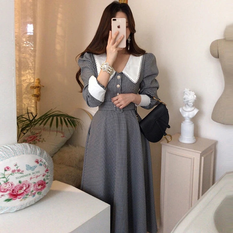 Wholesale 2026 Autumn New Chic French Temperament Lapel Lace Check Chic Single Breasted Waist Puff Sleeve Dress-4