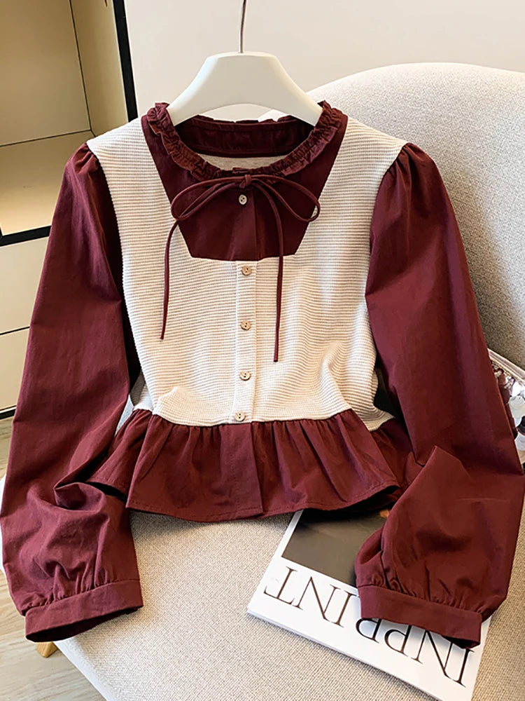 Wholesale 2025 autumn new fashion casual sweet elegant temperament splicing women's long-sleeved shirt-2