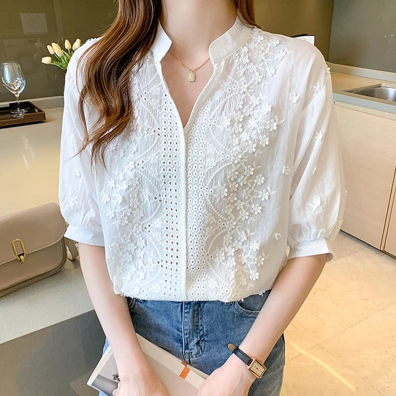 Wholesale Embroidered Cotton Women's Tops New 2026 Summer Half Sleeve V-neck Solid Color Fashion Embroidered Women's Blouses-1