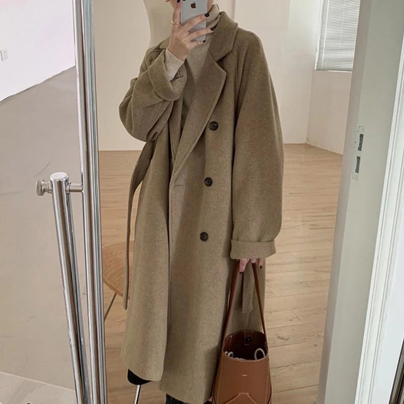Wholesale 2025 autumn and winter new fashion elegant temperament simple suit collar long sleeve  long woolen women's coat-4