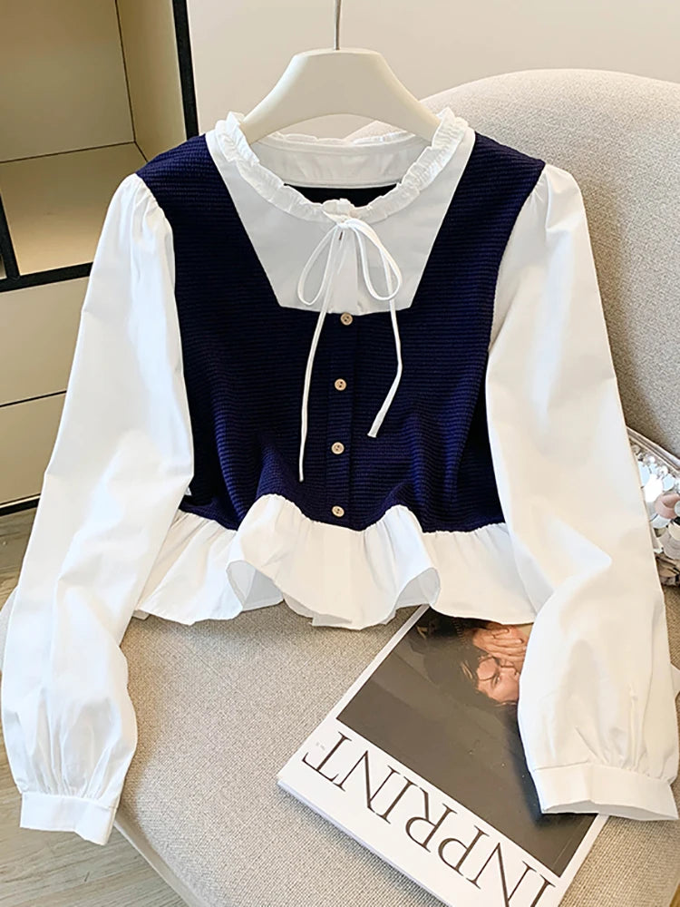 Wholesale 2025 autumn new fashion casual sweet elegant temperament splicing women's long-sleeved shirt-1