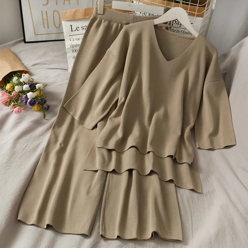 Wholesale 2026 Autumn New V-neck Half-sleeve Loose Knitted Sweater Elastic Waist Shows Thin Drape Wide Leg Pants Women's Set-0