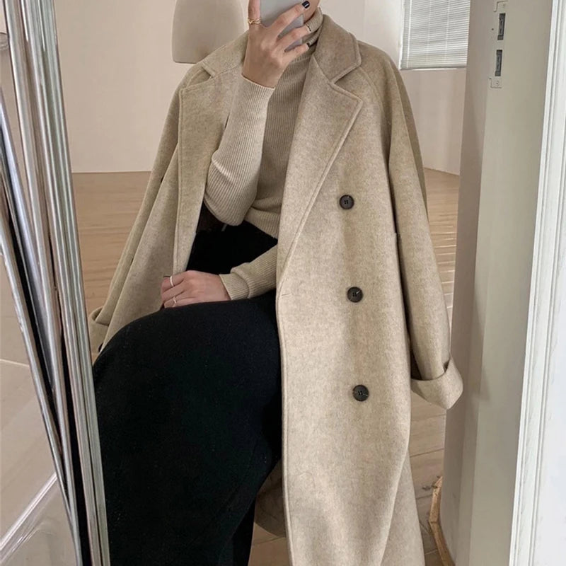Wholesale 2025 autumn and winter new fashion elegant temperament simple suit collar long sleeve  long woolen women's coat-3