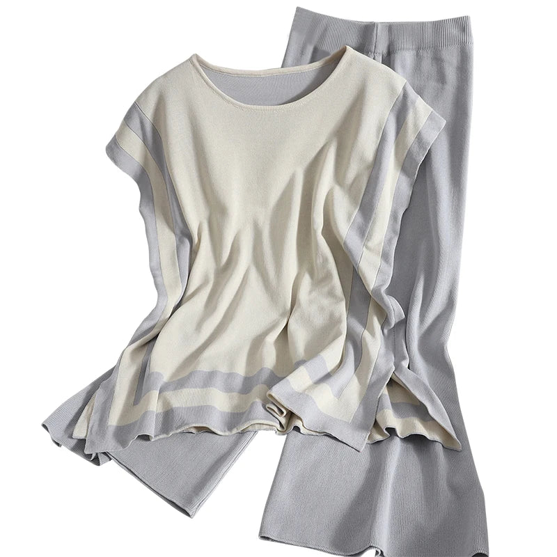 Wholesale 2026 Summer New Korean Style Striped Sleeveless Vest Top Casual Fashion Wide-leg Pants Knitt Women's Sets-4