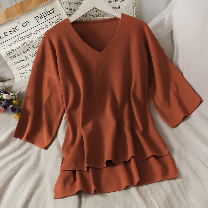 Wholesale 2026 Autumn New V-neck Half-sleeve Loose Knitted Sweater Elastic Waist Shows Thin Drape Wide Leg Pants Women's Set-2