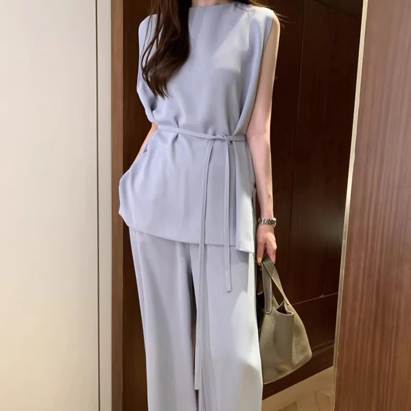 Wholesale 2026 Summer French Premium Sleeveless Shirt Top High Waist Dropped Wide Leg Casual Pants Women's Set-4