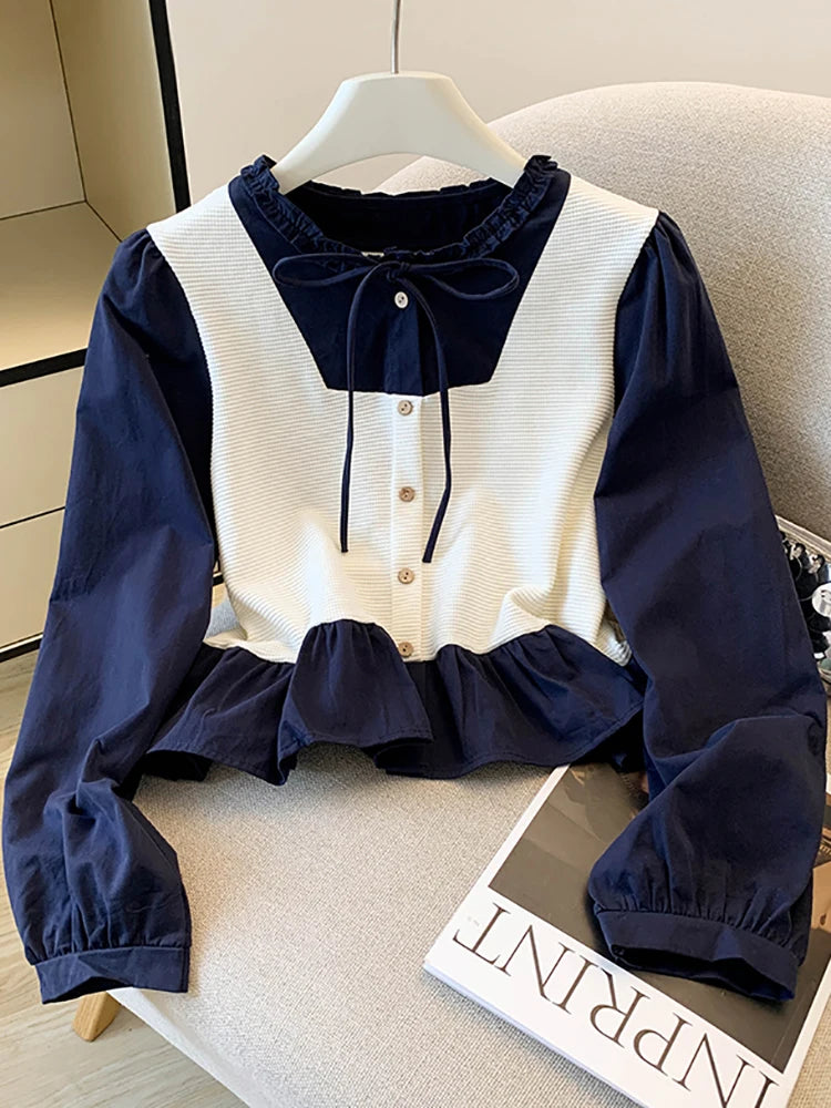 Wholesale 2025 autumn new fashion casual sweet elegant temperament splicing women's long-sleeved shirt-0