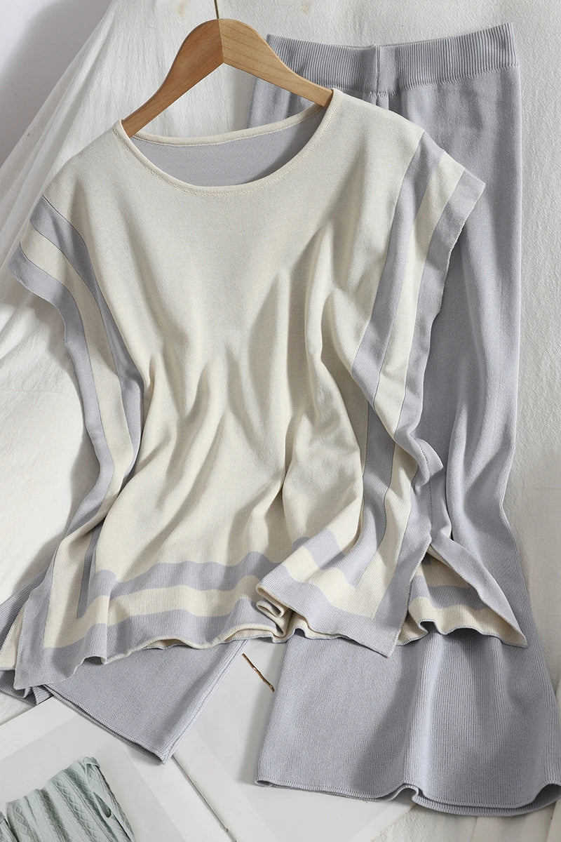 Wholesale 2026 Summer New Korean Style Striped Sleeveless Vest Top Casual Fashion Wide-leg Pants Knitt Women's Sets-5