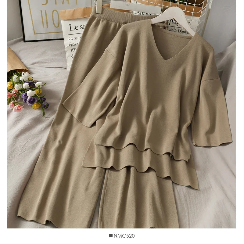Wholesale 2026 Autumn New V-neck Half-sleeve Loose Knitted Sweater Elastic Waist Shows Thin Drape Wide Leg Pants Women's Set-7