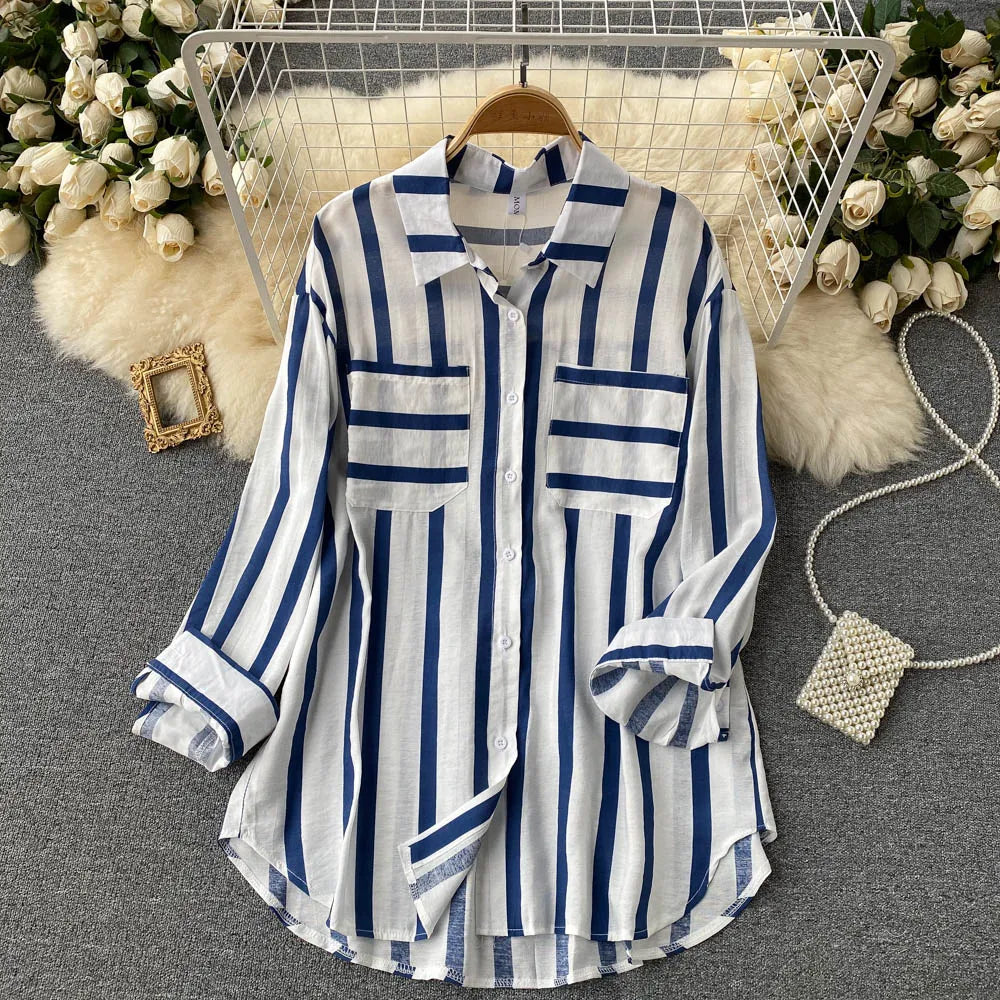 Wholesale Spring and Autumn New 2026 Striped Korean Style Casual Long Sleeve Lapel Fashion Women's Blouses and Shirts-7