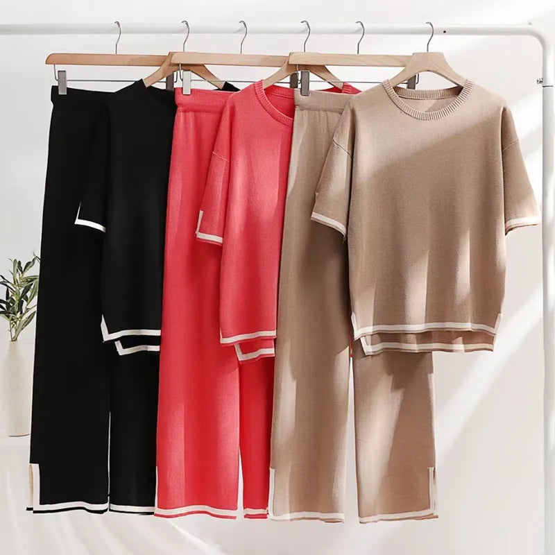 Wholesale 2023 Autumn Fashion Simple Splicing Loose Short Sleeve Sweater Top Split Pants Knitted Women's Set-1