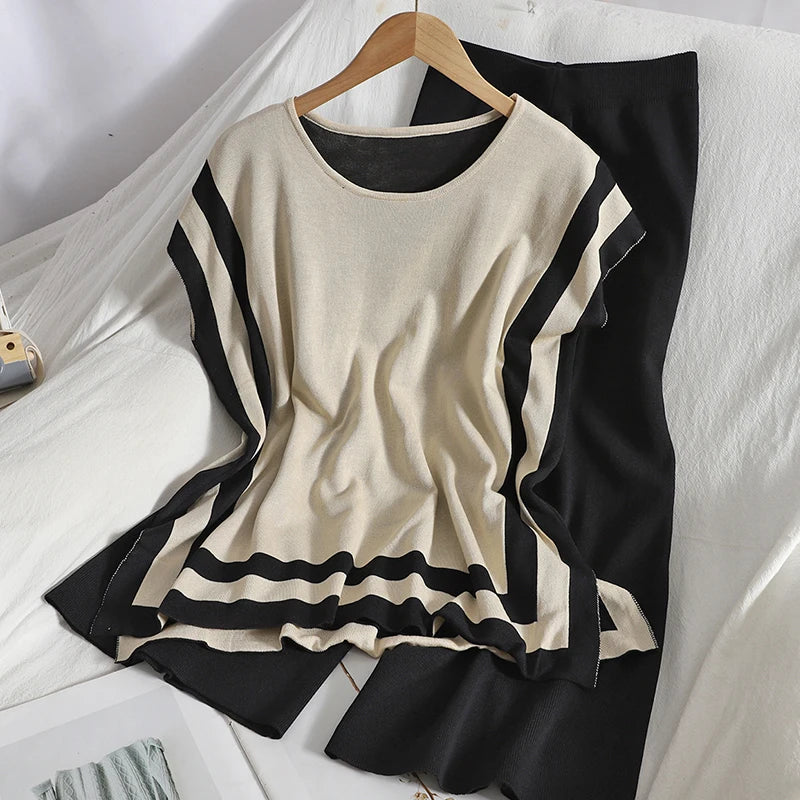 Wholesale 2026 Summer New Korean Style Striped Sleeveless Vest Top Casual Fashion Wide-leg Pants Knitt Women's Sets-2