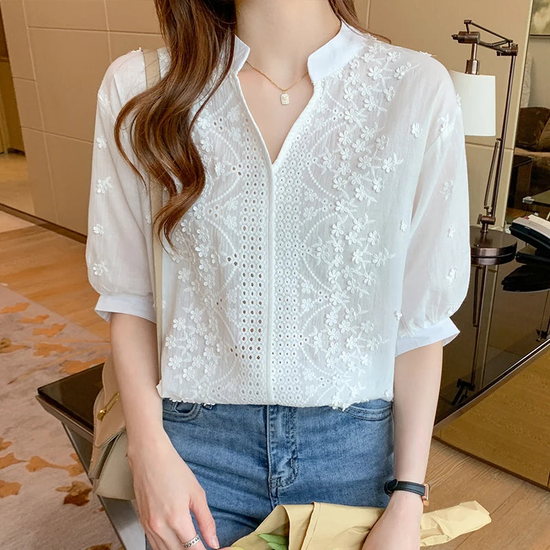 Wholesale Embroidered Cotton Women's Tops New 2026 Summer Half Sleeve V-neck Solid Color Fashion Embroidered Women's Blouses-0