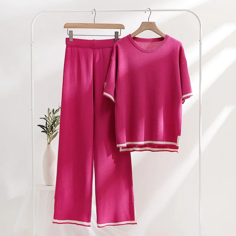 Wholesale 2023 Autumn Fashion Simple Splicing Loose Short Sleeve Sweater Top Split Pants Knitted Women's Set-6