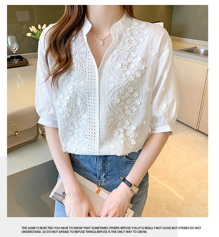 Wholesale Embroidered Cotton Women's Tops New 2026 Summer Half Sleeve V-neck Solid Color Fashion Embroidered Women's Blouses-3