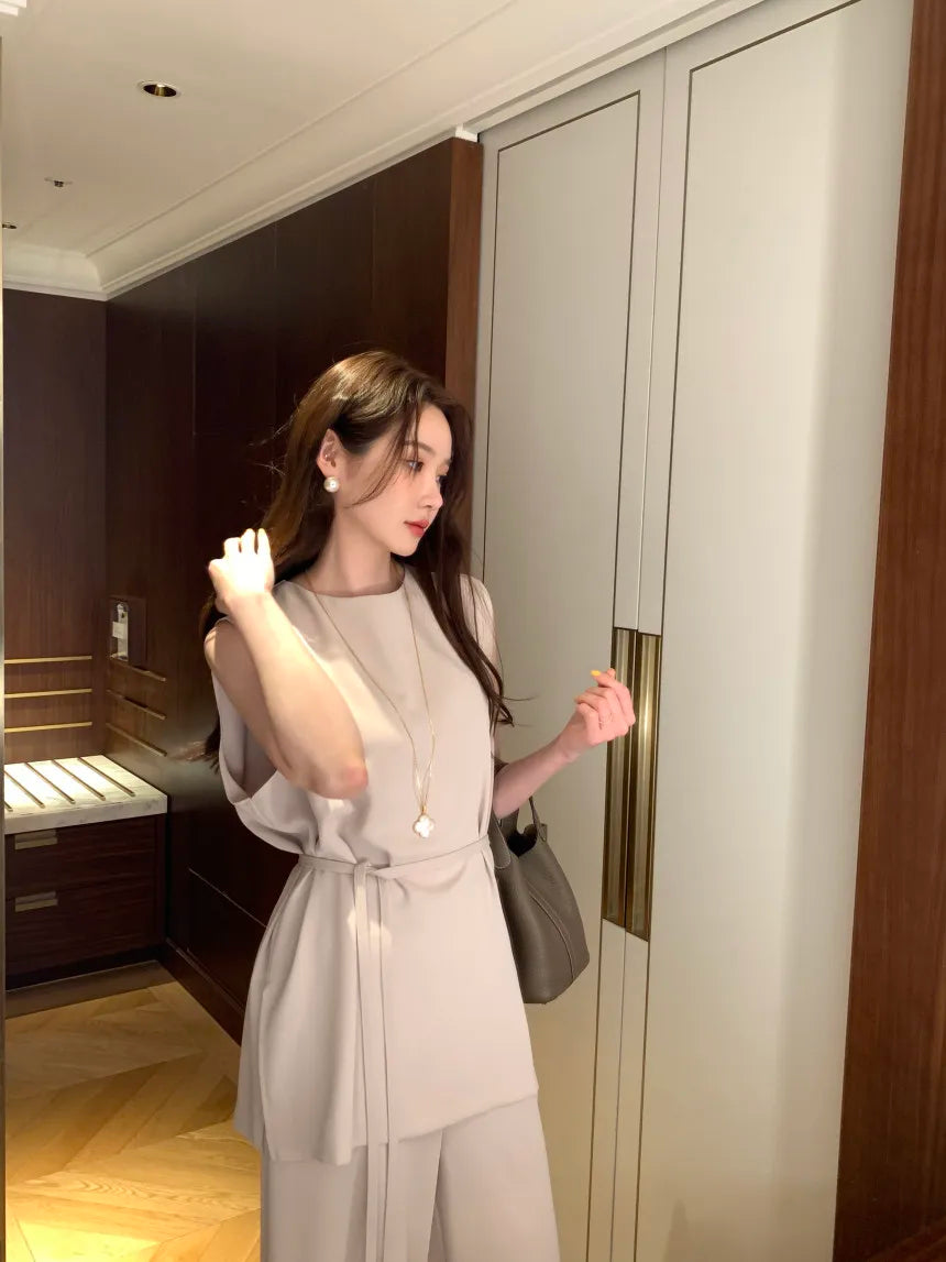 Wholesale 2026 Summer French Premium Sleeveless Shirt Top High Waist Dropped Wide Leg Casual Pants Women's Set-5