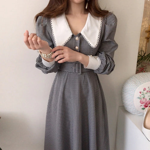Wholesale 2026 Autumn New Chic French Temperament Lapel Lace Check Chic Single Breasted Waist Puff Sleeve Dress-1