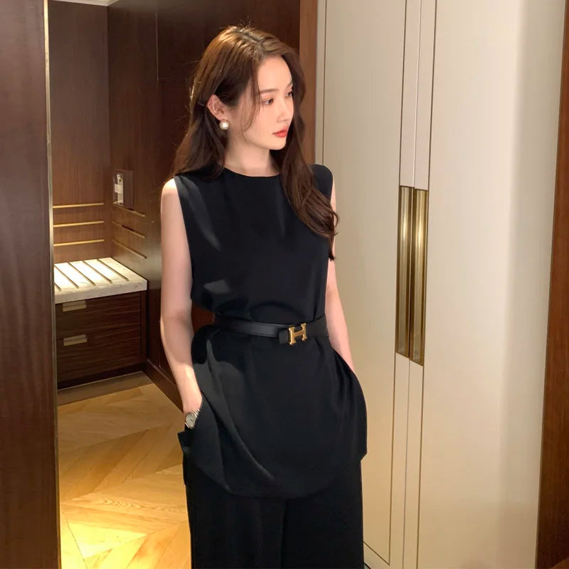 Wholesale 2026 Summer French Premium Sleeveless Shirt Top High Waist Dropped Wide Leg Casual Pants Women's Set-3