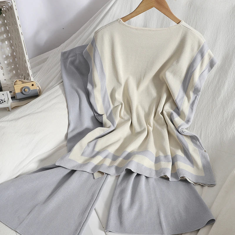 Wholesale 2026 Summer New Korean Style Striped Sleeveless Vest Top Casual Fashion Wide-leg Pants Knitt Women's Sets-1