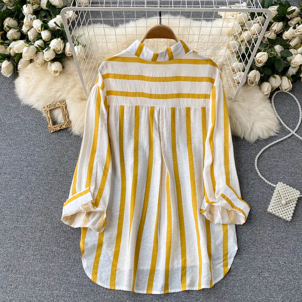 Wholesale Spring and Autumn New 2026 Striped Korean Style Casual Long Sleeve Lapel Fashion Women's Blouses and Shirts-3