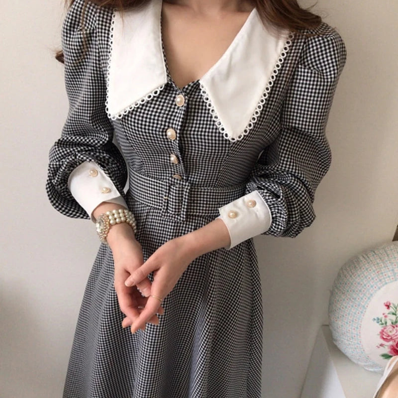 Wholesale 2026 Autumn New Chic French Temperament Lapel Lace Check Chic Single Breasted Waist Puff Sleeve Dress-2