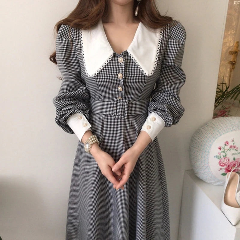 Wholesale 2026 Autumn New Chic French Temperament Lapel Lace Check Chic Single Breasted Waist Puff Sleeve Dress-0