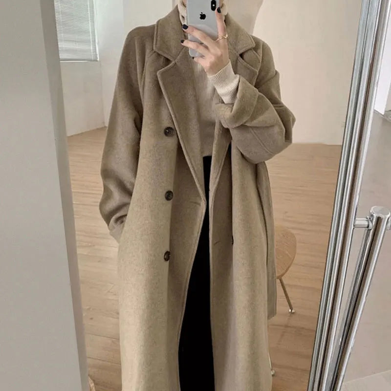 Wholesale 2025 autumn and winter new fashion elegant temperament simple suit collar long sleeve  long woolen women's coat-1