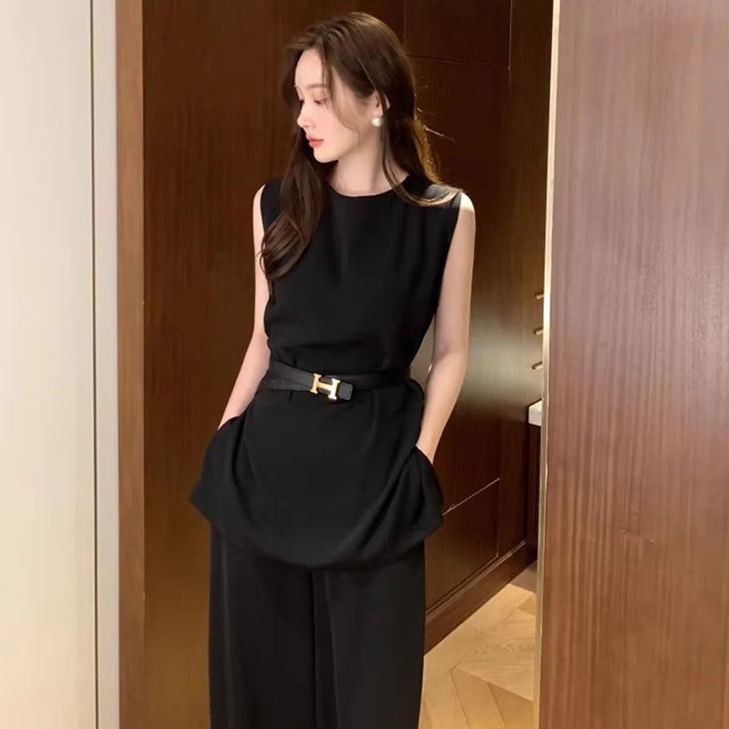 Wholesale 2026 Summer French Premium Sleeveless Shirt Top High Waist Dropped Wide Leg Casual Pants Women's Set-6
