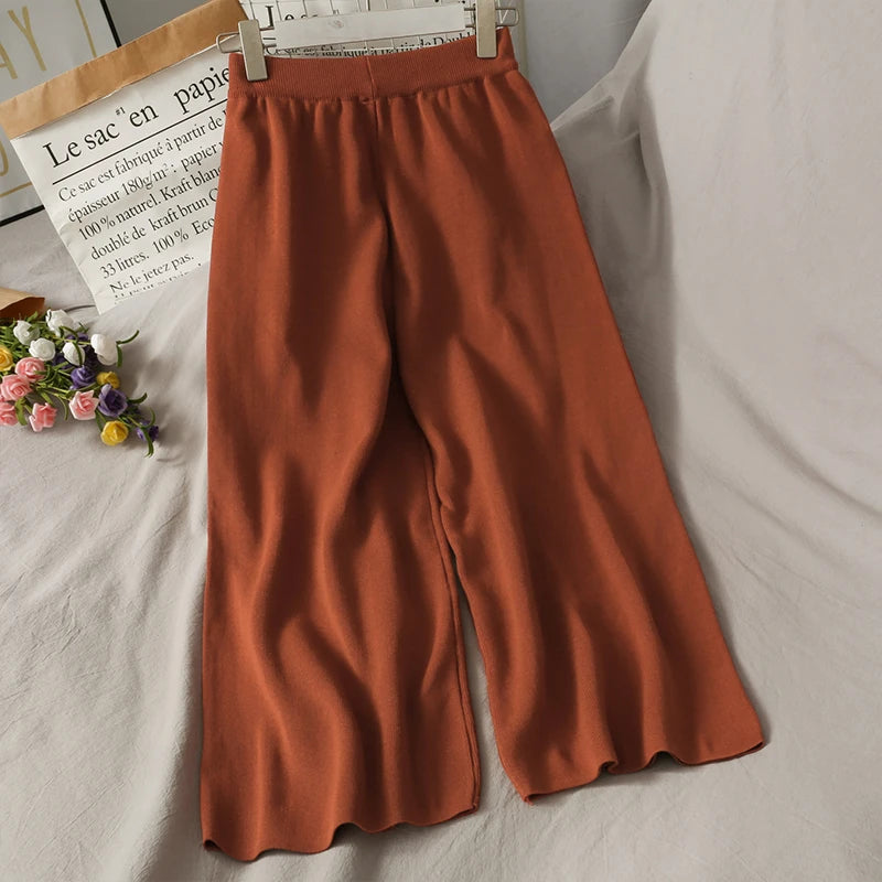 Wholesale 2026 Autumn New V-neck Half-sleeve Loose Knitted Sweater Elastic Waist Shows Thin Drape Wide Leg Pants Women's Set-3