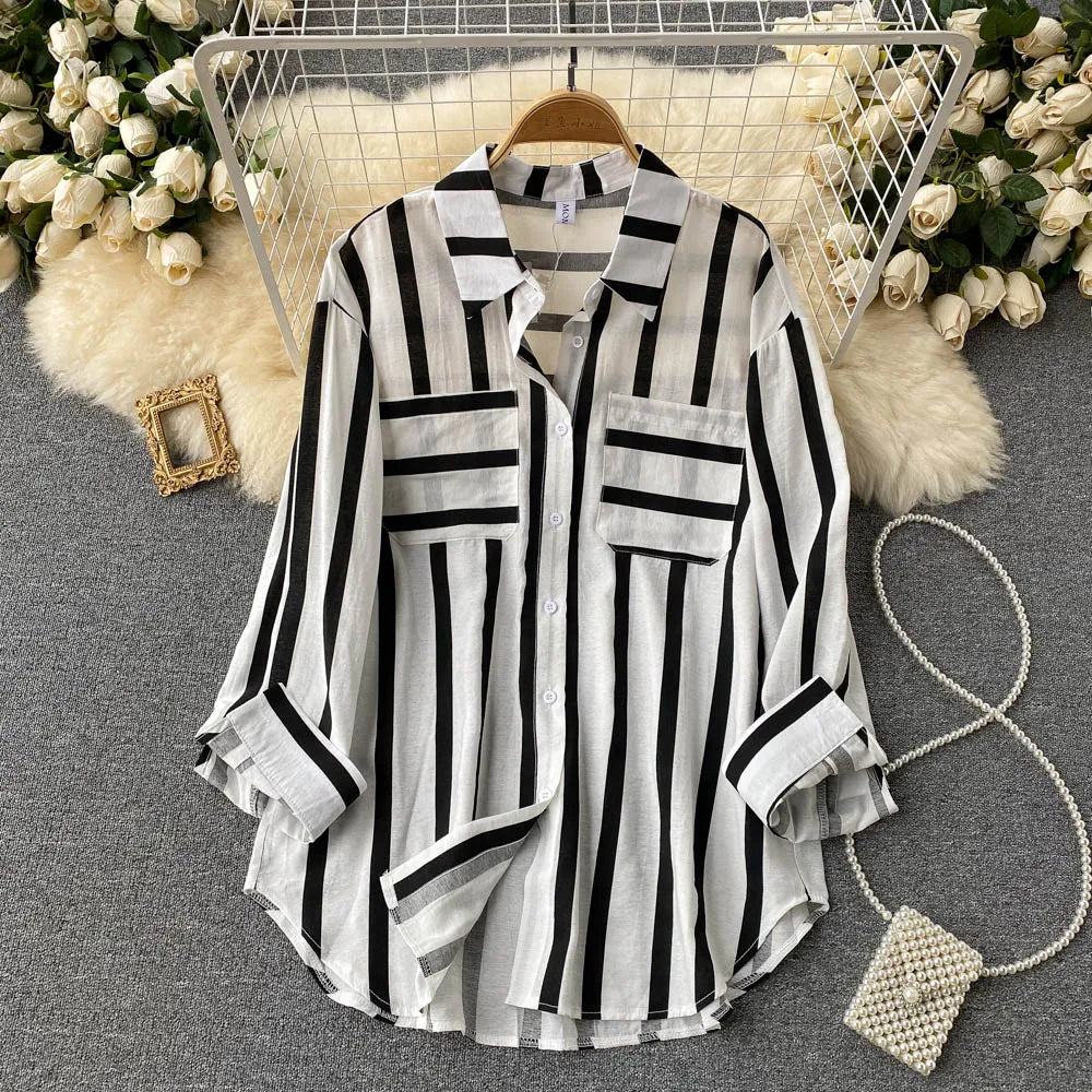 Wholesale Spring and Autumn New 2026 Striped Korean Style Casual Long Sleeve Lapel Fashion Women's Blouses and Shirts-2