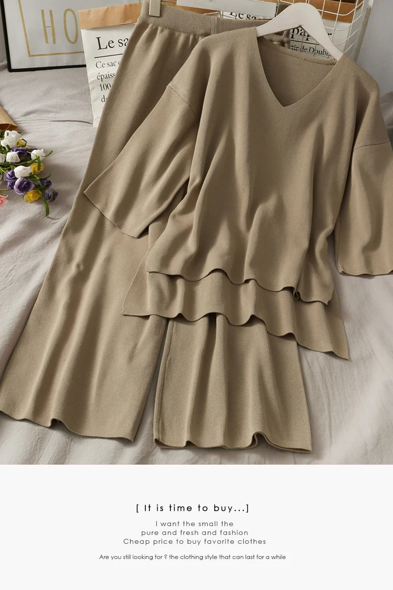 Wholesale 2026 Autumn New V-neck Half-sleeve Loose Knitted Sweater Elastic Waist Shows Thin Drape Wide Leg Pants Women's Set-5