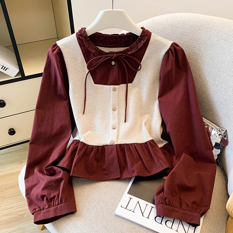 Wholesale 2025 autumn new fashion casual sweet elegant temperament splicing women's long-sleeved shirt-6