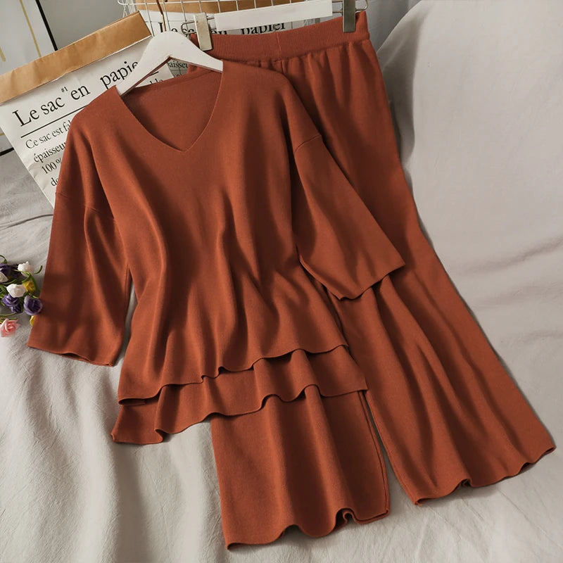 Wholesale 2026 Autumn New V-neck Half-sleeve Loose Knitted Sweater Elastic Waist Shows Thin Drape Wide Leg Pants Women's Set-8