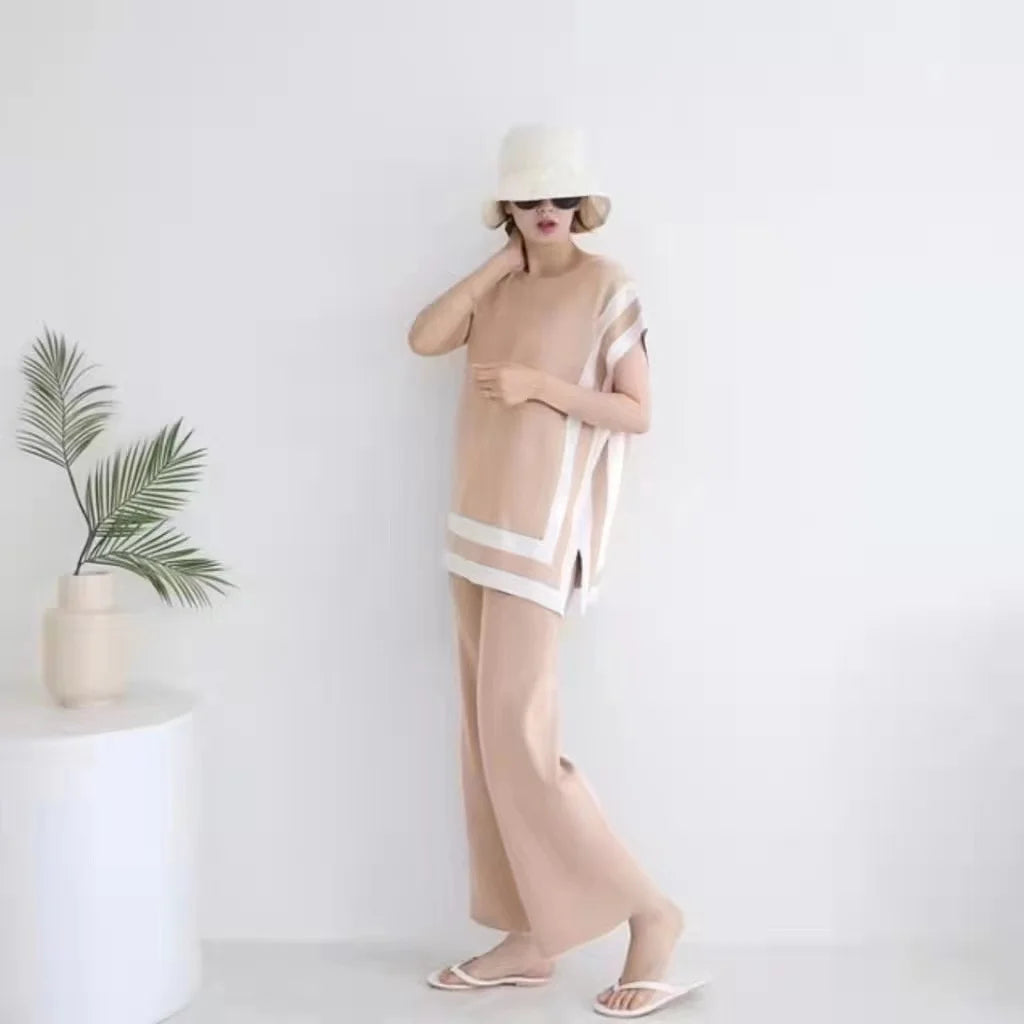 Wholesale 2026 Summer New Korean Style Striped Sleeveless Vest Top Casual Fashion Wide-leg Pants Knitt Women's Sets-6