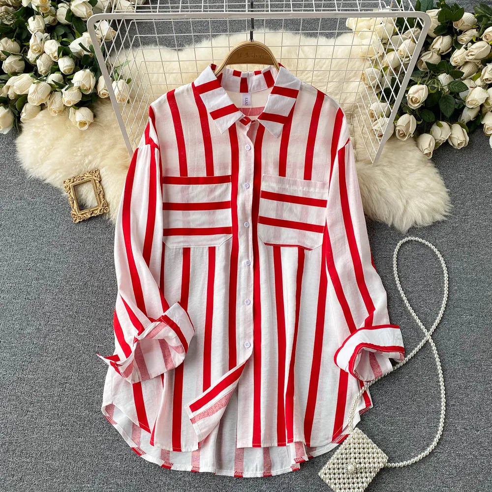 Wholesale Spring and Autumn New 2026 Striped Korean Style Casual Long Sleeve Lapel Fashion Women's Blouses and Shirts-1