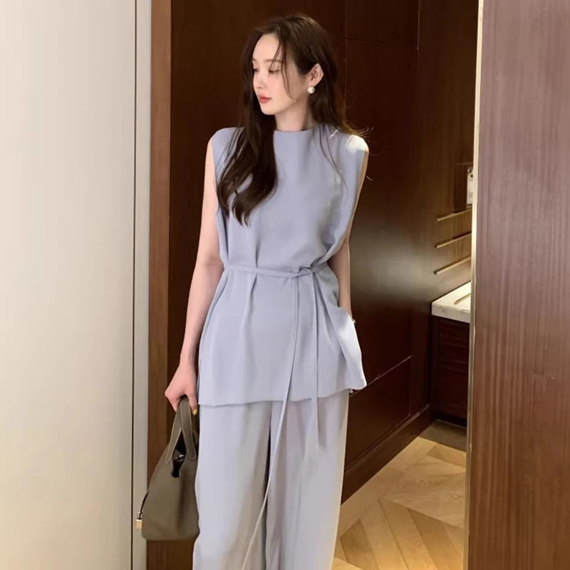 Wholesale 2026 Summer French Premium Sleeveless Shirt Top High Waist Dropped Wide Leg Casual Pants Women's Set-0