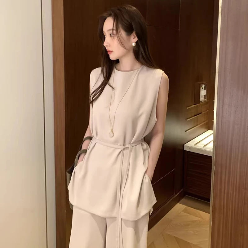 Wholesale 2026 Summer French Premium Sleeveless Shirt Top High Waist Dropped Wide Leg Casual Pants Women's Set-7