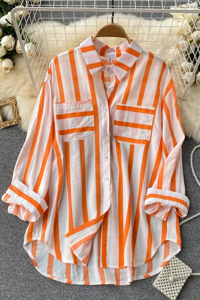 Wholesale Spring and Autumn New 2026 Striped Korean Style Casual Long Sleeve Lapel Fashion Women's Blouses and Shirts-5
