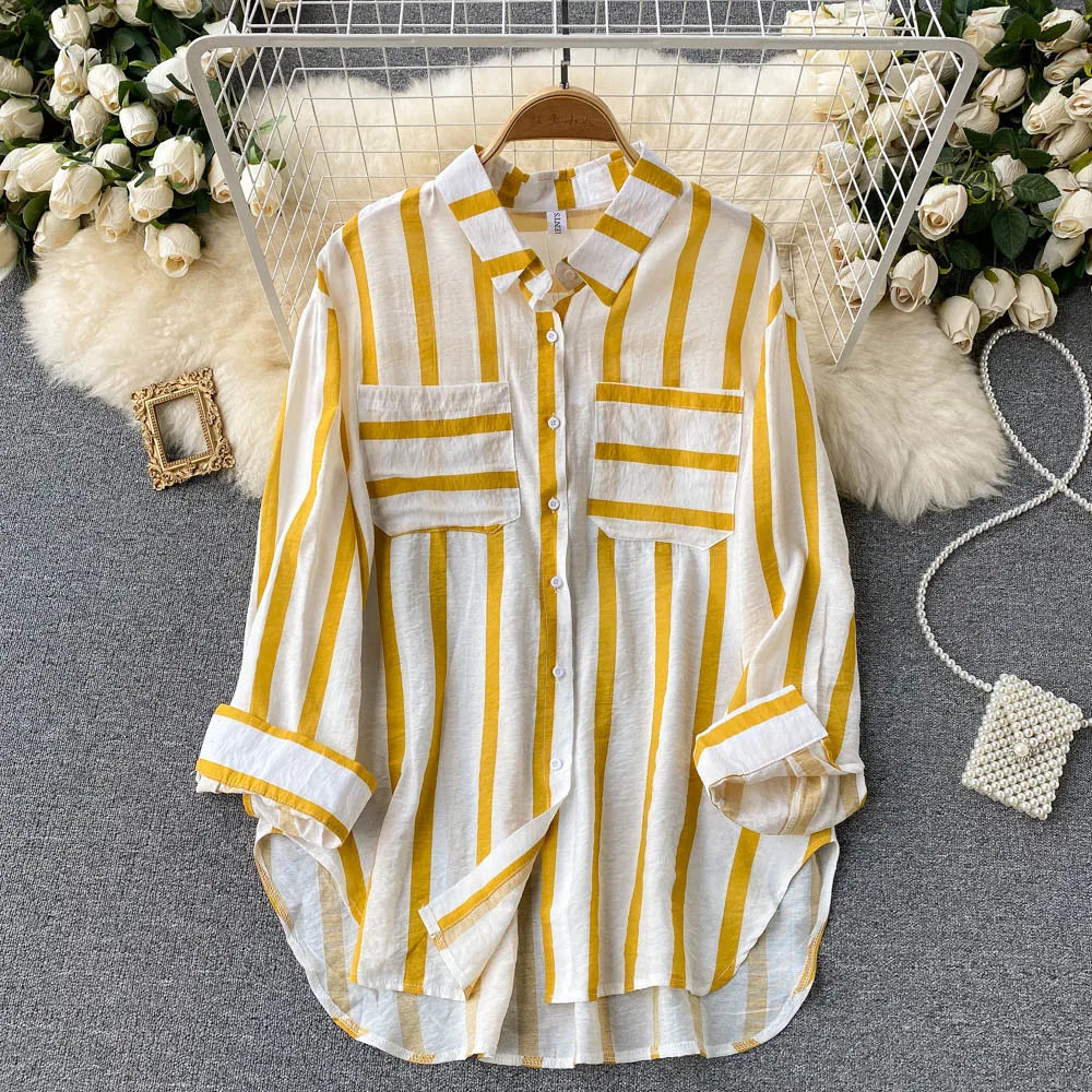 Wholesale Spring and Autumn New 2026 Striped Korean Style Casual Long Sleeve Lapel Fashion Women's Blouses and Shirts-6