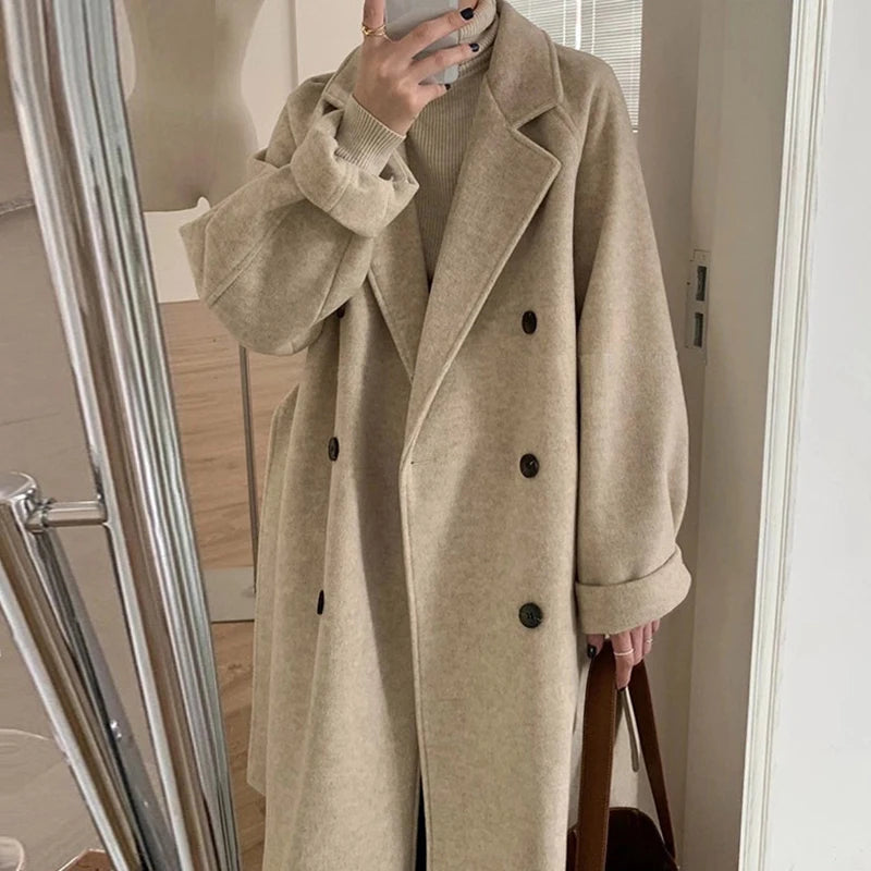 Wholesale 2025 autumn and winter new fashion elegant temperament simple suit collar long sleeve  long woolen women's coat-0