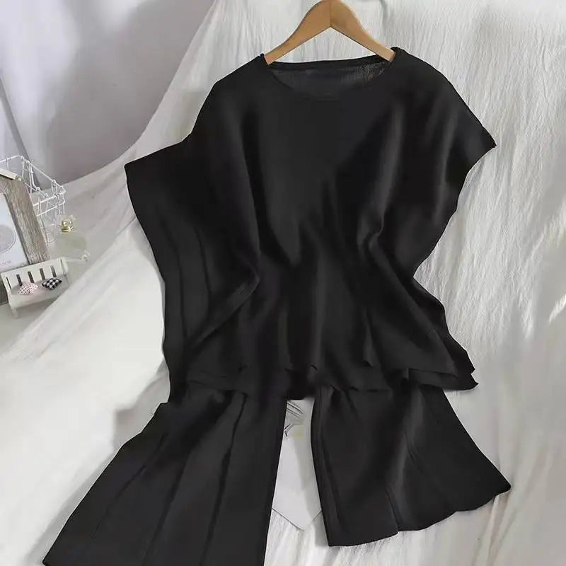 Wholesale 2026 Summer Dress Pullover Round Neck Slit Sleeveless Vest Top Pleated Nine Points Wide Leg Pants Knitted Women's Set-5