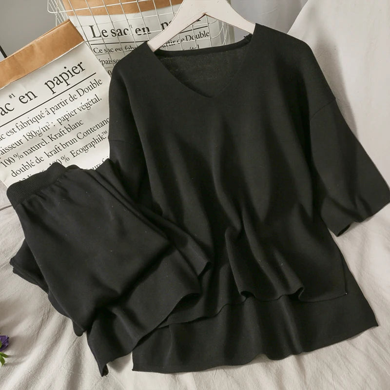 Wholesale 2026 Autumn New V-neck Half-sleeve Loose Knitted Sweater Elastic Waist Shows Thin Drape Wide Leg Pants Women's Set-6