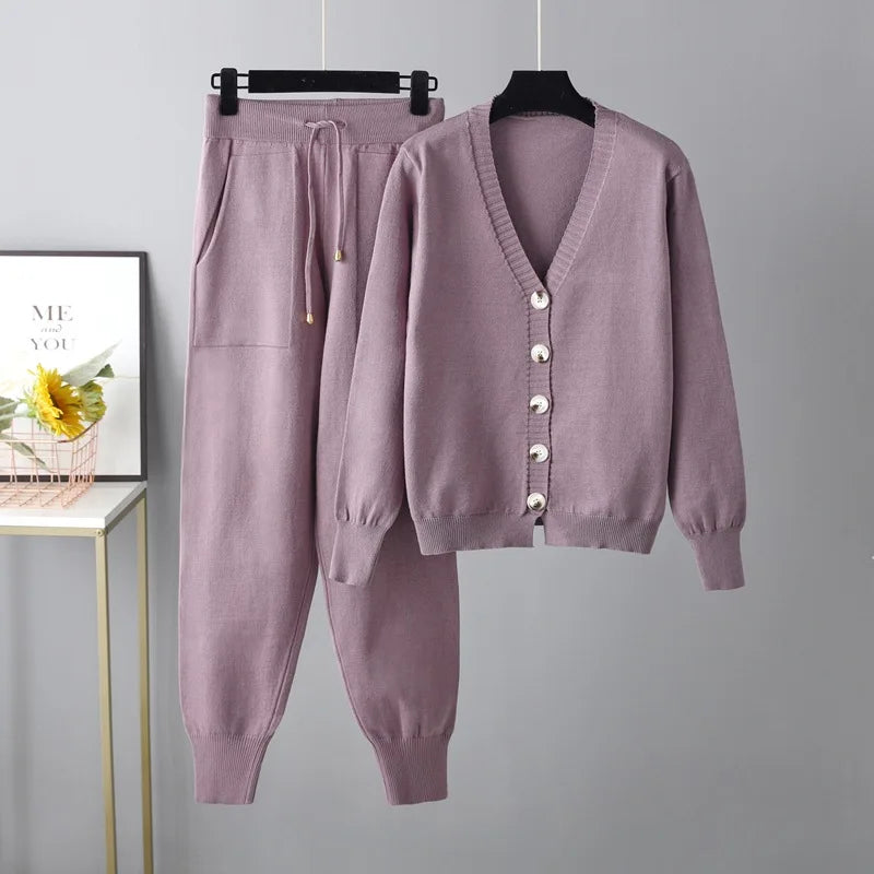 Wholesale 2026 Autumn and Winter New V-neck Cardigan Sweater Harem Pants Solid Color Cardigan Sweater Women's Set-8