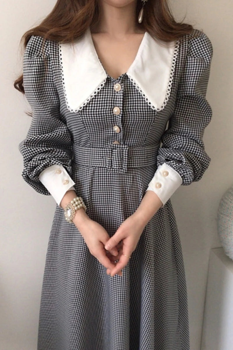 Wholesale 2026 Autumn New Chic French Temperament Lapel Lace Check Chic Single Breasted Waist Puff Sleeve Dress-5