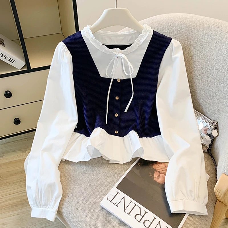 Wholesale 2025 autumn new fashion casual sweet elegant temperament splicing women's long-sleeved shirt-5