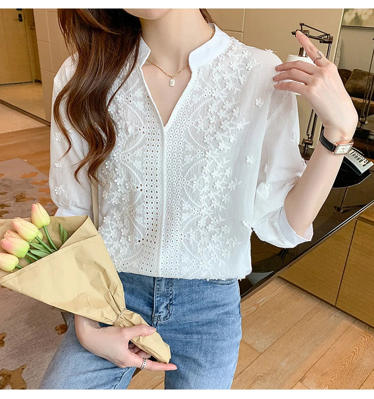 Wholesale Embroidered Cotton Women's Tops New 2026 Summer Half Sleeve V-neck Solid Color Fashion Embroidered Women's Blouses-5