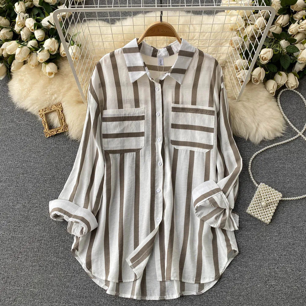 Wholesale Spring and Autumn New 2026 Striped Korean Style Casual Long Sleeve Lapel Fashion Women's Blouses and Shirts-8