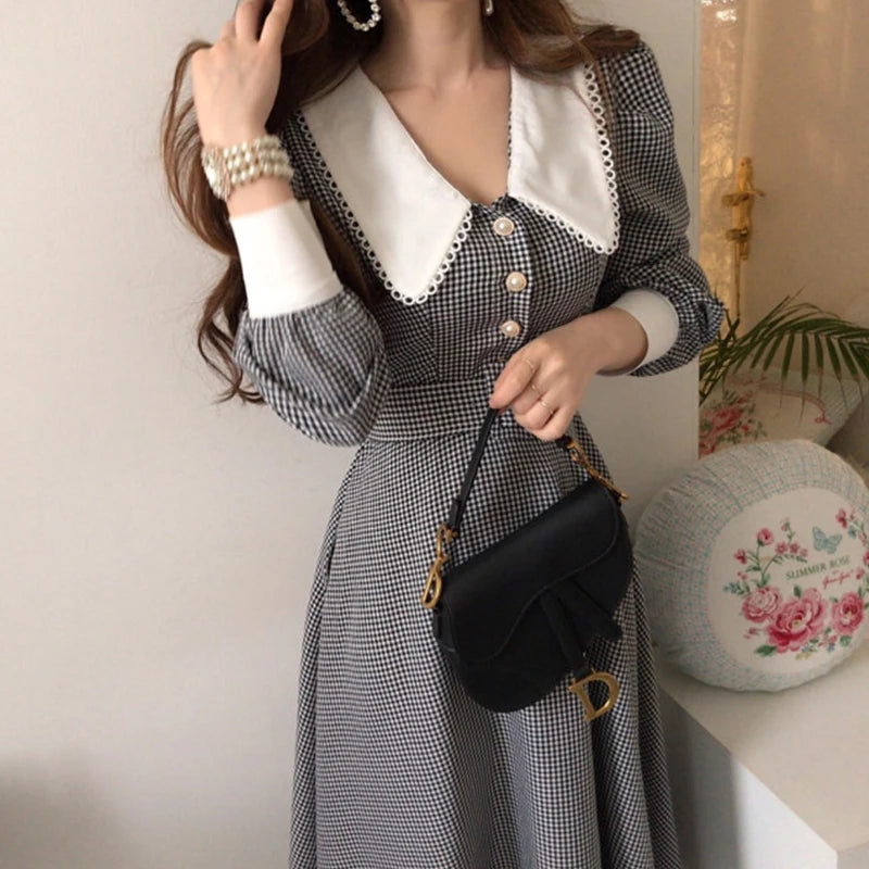 Wholesale 2026 Autumn New Chic French Temperament Lapel Lace Check Chic Single Breasted Waist Puff Sleeve Dress-3